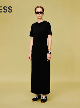 LESS黑色短袖连衣裙女圆领腰部抽褶收腰修身长款裙子2O3G13920