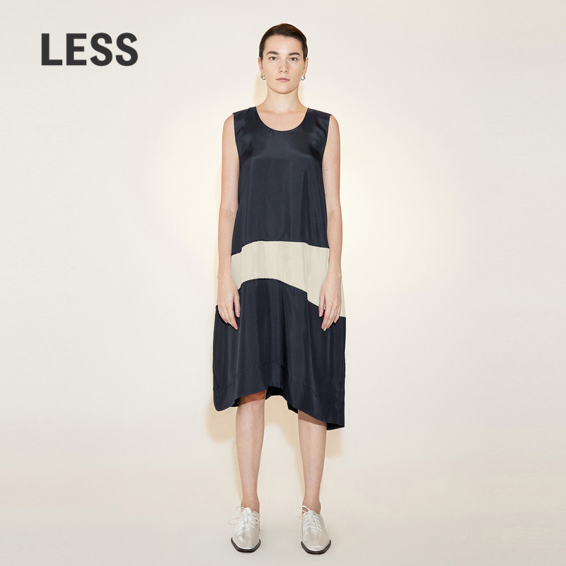 LESS夏季桑蚕真丝裙子女简约休闲宽松撞色无袖连衣裙2N6G14