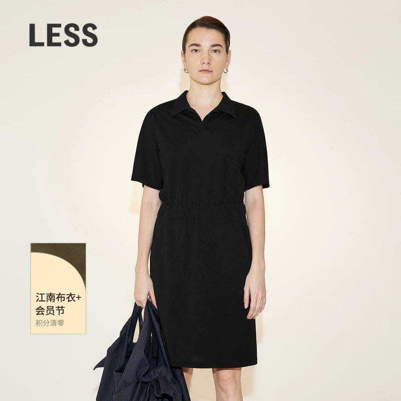 LESS夏季棉质裙子女休闲简约翻领松紧收腰短袖连衣裙2N6G13