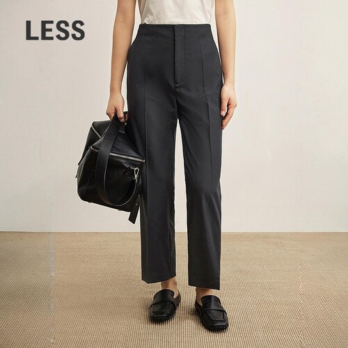 LESS通勤休闲黑藏青色绵羊毛直筒九分裤女2P9E14380