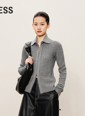 LESS秋含绵羊毛简约翻领针织衫修身长袖短款开襟毛衫女2O9311510