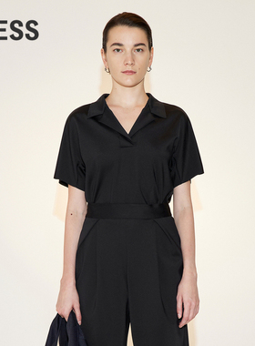 LESS夏季黑色T恤女简约休闲翻领套头polo领短袖上衣2N5113690