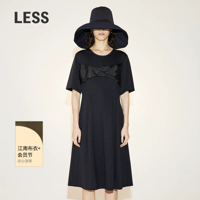 LESS夏季赫本风小黑裙女复古拼接收腰圆领短袖连衣裙2N5G14