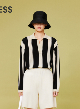 LESS绵羊毛条纹polo针织衫女撞色V领内搭上衣含山羊绒2O2313960