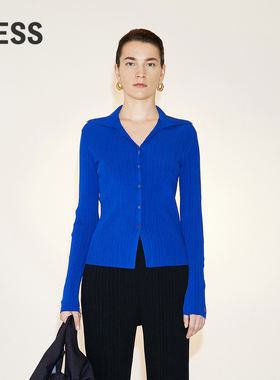 LESS春季翻领针织衫女短款修身简约休闲撞色横条纹开衫2N2313180
