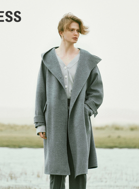 【0压系列】LESS绵羊毛大衣女休闲宽松连帽长款毛呢外套2N0811170