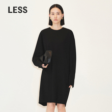 LESS春季黑色连衣裙女圆领中长款宽松慵懒风长袖小黑裙2N1G10080