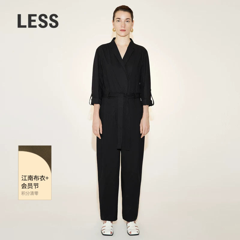 LESS春季棉质连体裤女简约休闲收腰西装领长袖连体衣2N3F13