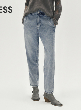 LESS萝卜牛仔裤女松紧腰高腰复古蓝色显瘦九分休闲裤2M7E13000