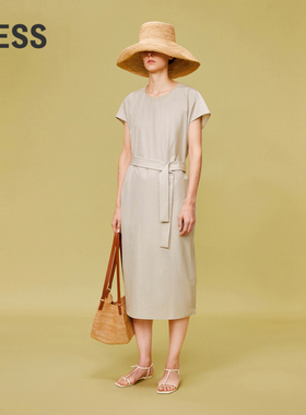LESS夏季通勤质感休闲长裙简约圆领纯色无袖腰带连衣裙2O6G11580