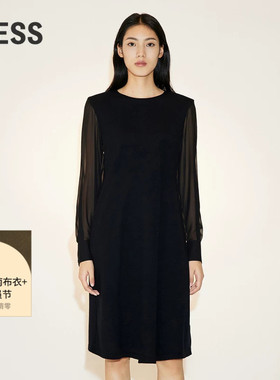 【精工系列】LESS春季黑色长袖连衣裙女山羊绒拼接裙子2N2G13250