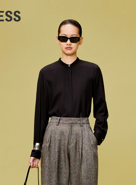LESS桑蚕丝立领衬衫女黑色通勤感简约气质衬衣2O1214680