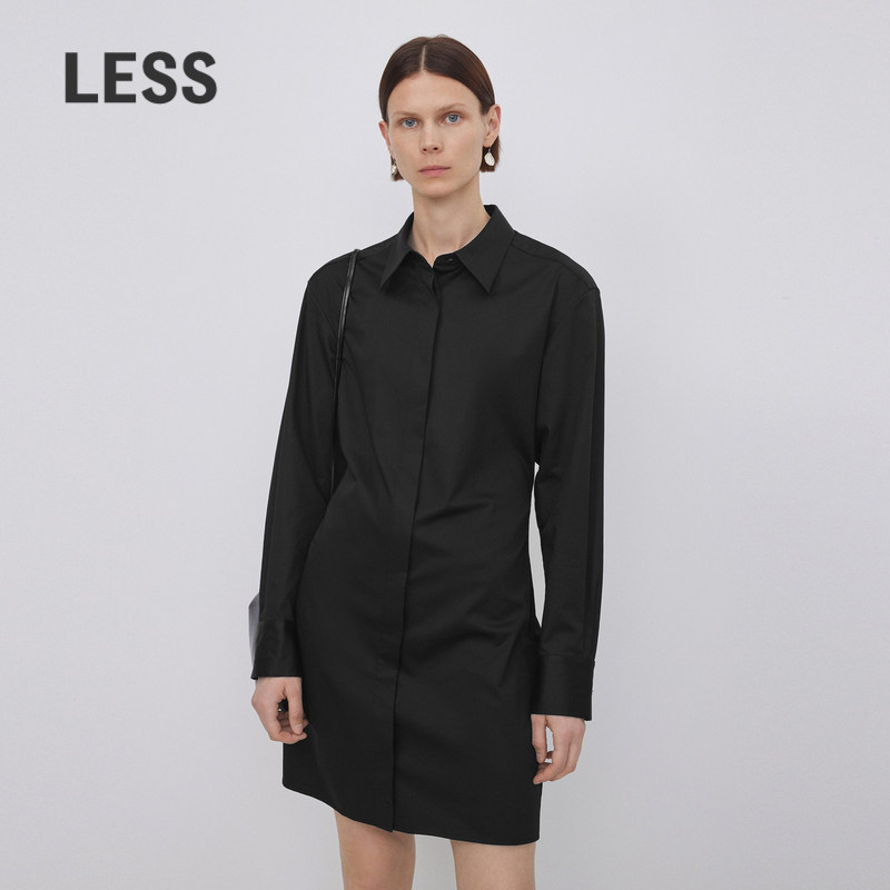 LESS春秋棉质裙子女休闲简约翻领抽绳衬衫式连衣裙2N9G105