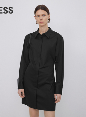 LESS春秋棉质裙子女休闲简约翻领抽绳衬衫式连衣裙2N9G10590