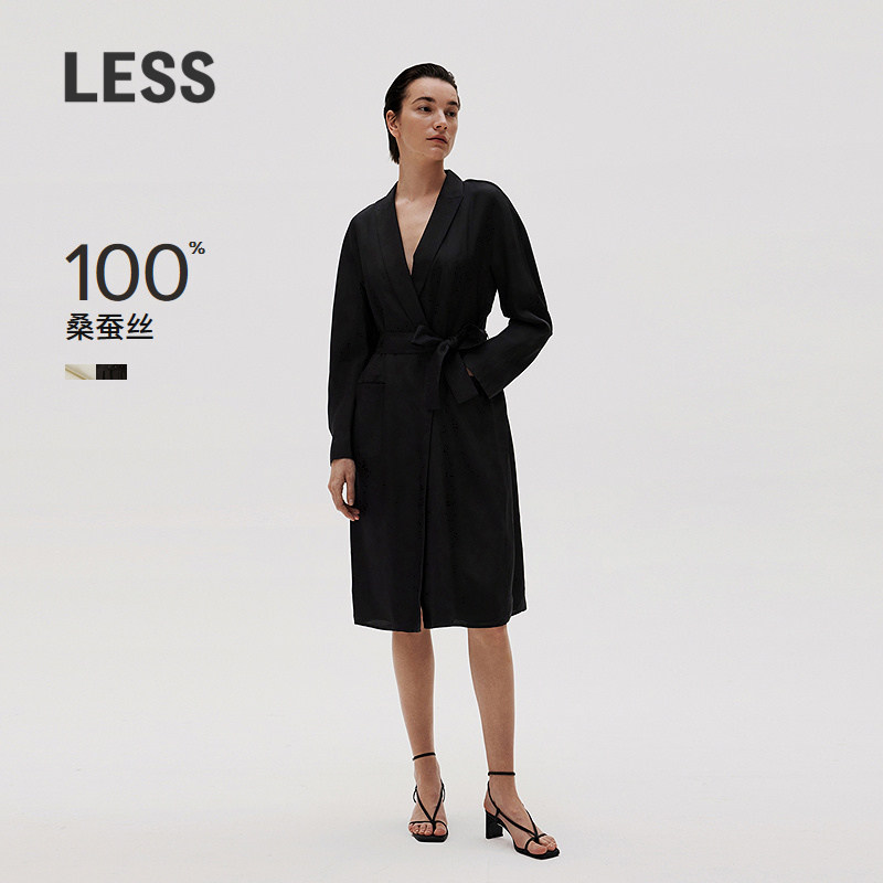 LESS春季桑蚕真丝裙子女系带收腰风衣式长袖连衣裙2N2G113