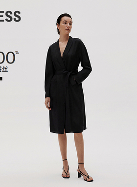 LESS春季桑蚕真丝裙子女系带收腰风衣式长袖连衣裙2N2G11330