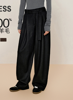 LESS冬款绵羊毛通勤风直筒裤休闲简约时尚绑带长裤女2OAE10380