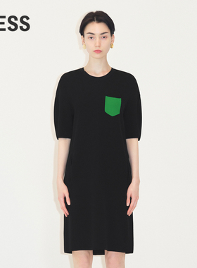 LESS泡泡袖短袖连衣裙女圆领黑色休闲宽松直筒针织裙子2M7G12730
