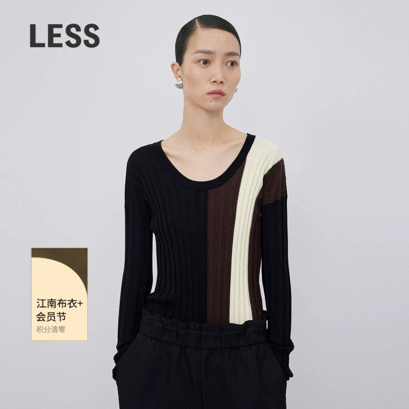 LESS春秋绵羊毛针织衫女休闲撞色拼接圆领修身毛衫2N83125