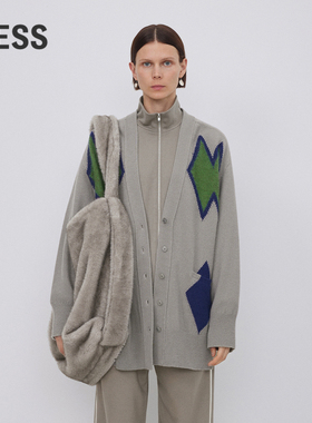 LESS冬季绵羊毛开衫女几何撞色菱格中长款针织衫2NA312030