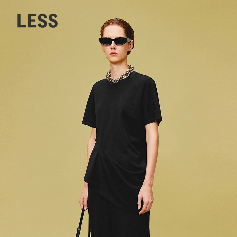 LESS夏季休闲简约圆领短袖T恤女含棉黑色时髦不规则上衣2O51