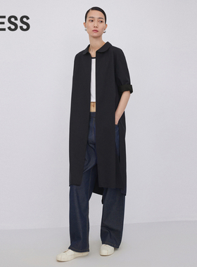 LESS春秋黑色风衣女衬衫式小圆领简约休闲宽松长款外套2N7910330