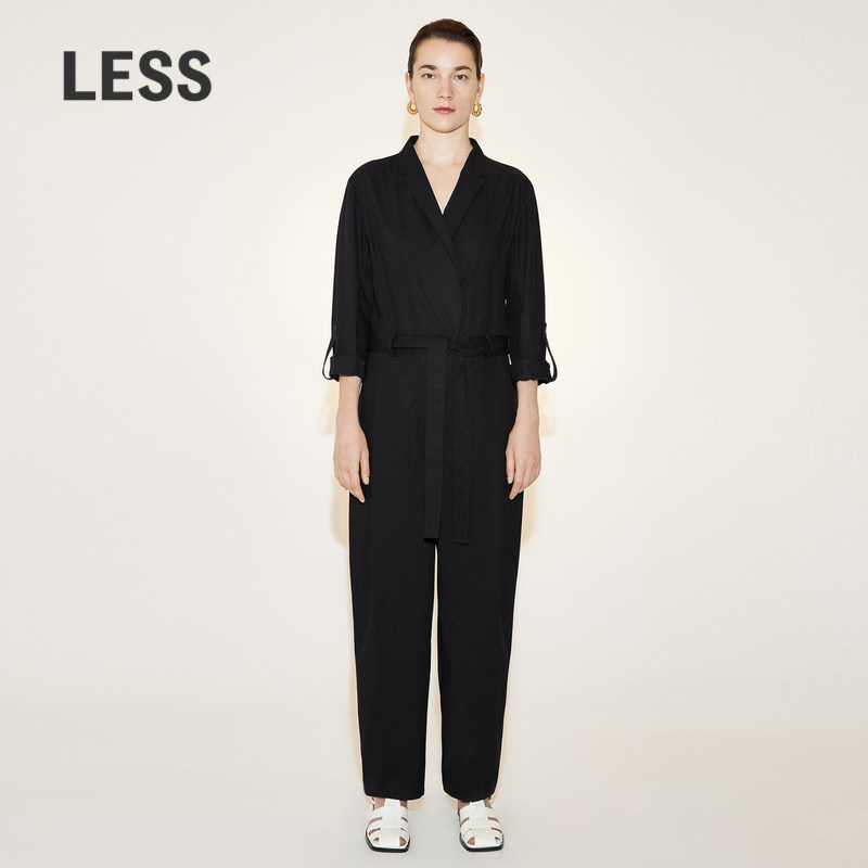 LESS春季棉质连体裤女简约休闲收腰西装领长袖连体衣2N3F13
