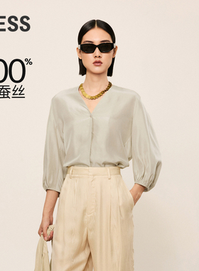 LESSV领衬衫女桑蚕真丝宽松休闲灯笼袖简约垂感衬衣上衣2O621395H