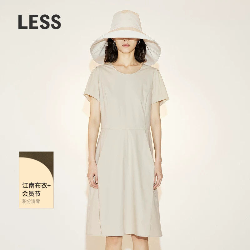 LESS夏季裙子女法式复古简约收腰圆领短袖连衣裙2N4G1173