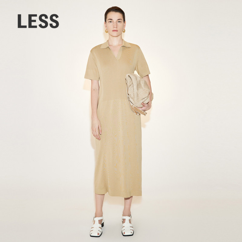 LESS夏季棉质裙子女中长款休闲简约翻领针织短袖连衣裙2N4G1