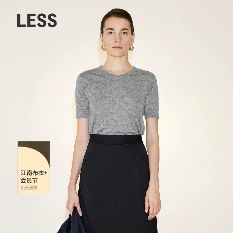 LESS春秋绵羊毛短袖圆领修身短款针织衫上衣女含羊绒2N3314