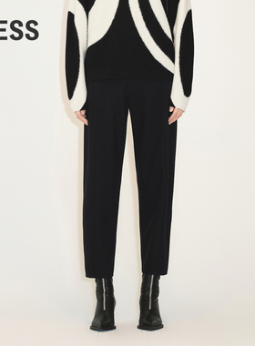 LESS冬季绵羊毛裤子女黑色休闲九分烟管毛呢高腰西装裤2MAE14820