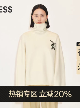 LESS春季绵羊毛针织衫女兔子印花休闲宽松高领毛衣2N1310130