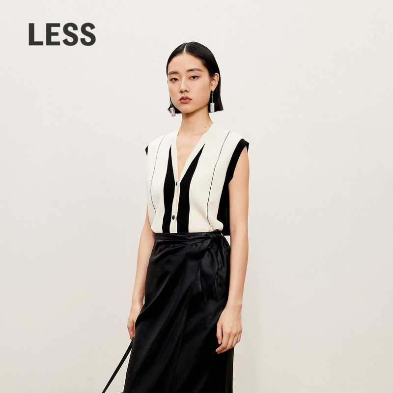 LESS秋含绵羊毛拼色V领修身外套无袖开襟毛衫马甲女2O8312