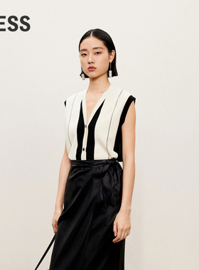 LESS秋含绵羊毛拼色V领修身外套无袖开襟毛衫马甲女2O8312970