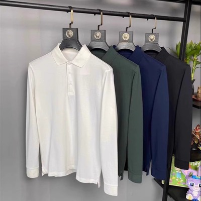 精梳棉纯棉纯色翻领长袖Polo衫潮