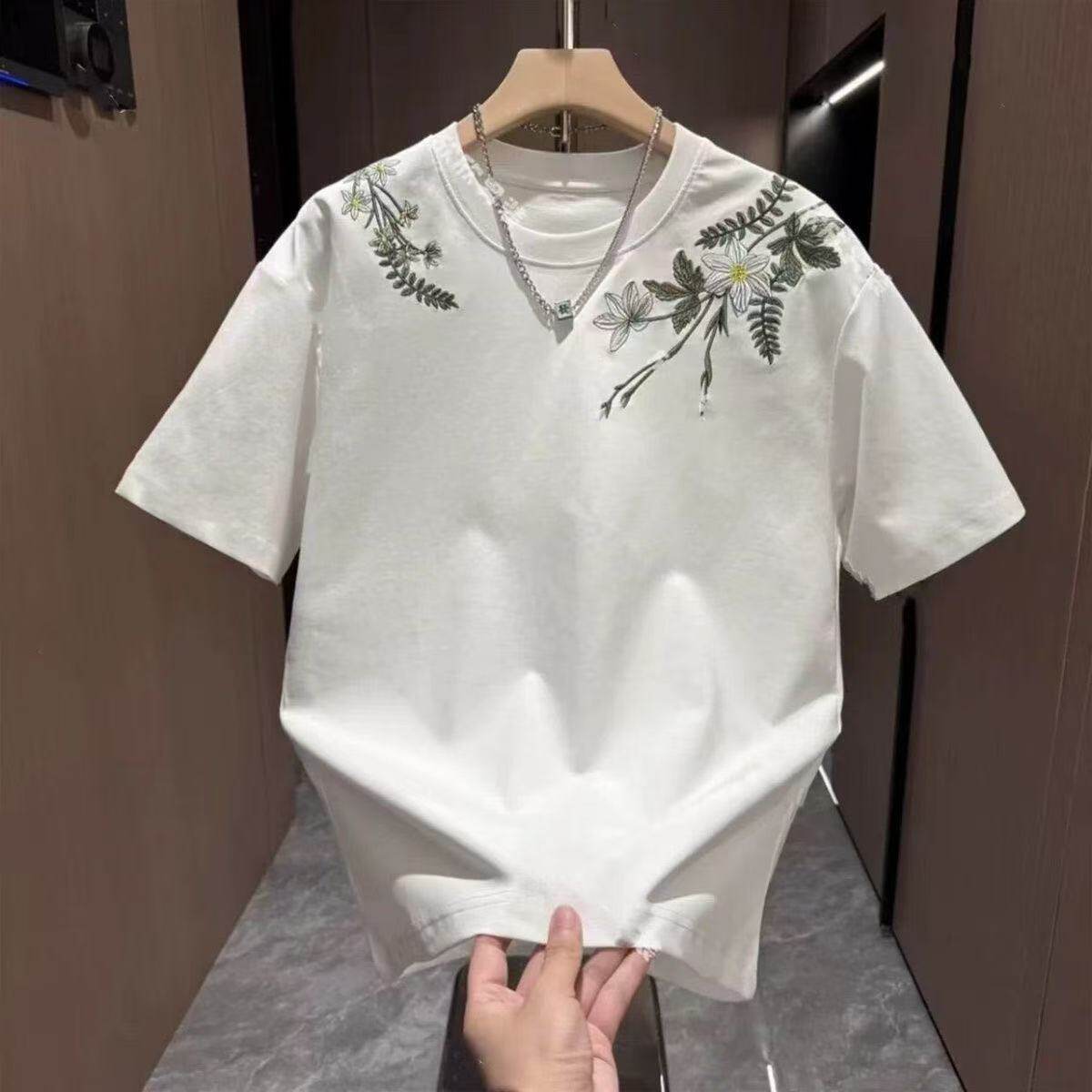 夏季美式高端重工刺绣花卉短袖t恤男士时尚痞帅个性百搭潮流男装