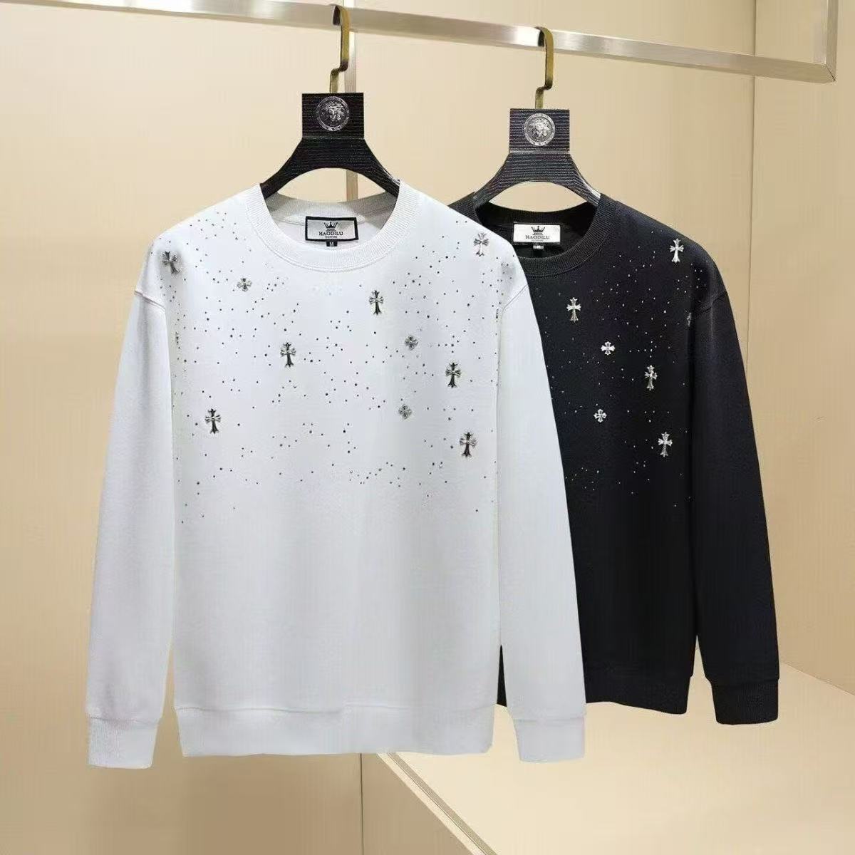 网红高端男士痞帅烫钻十字架秋冬季高端时尚加绒加厚帅气大码卫衣