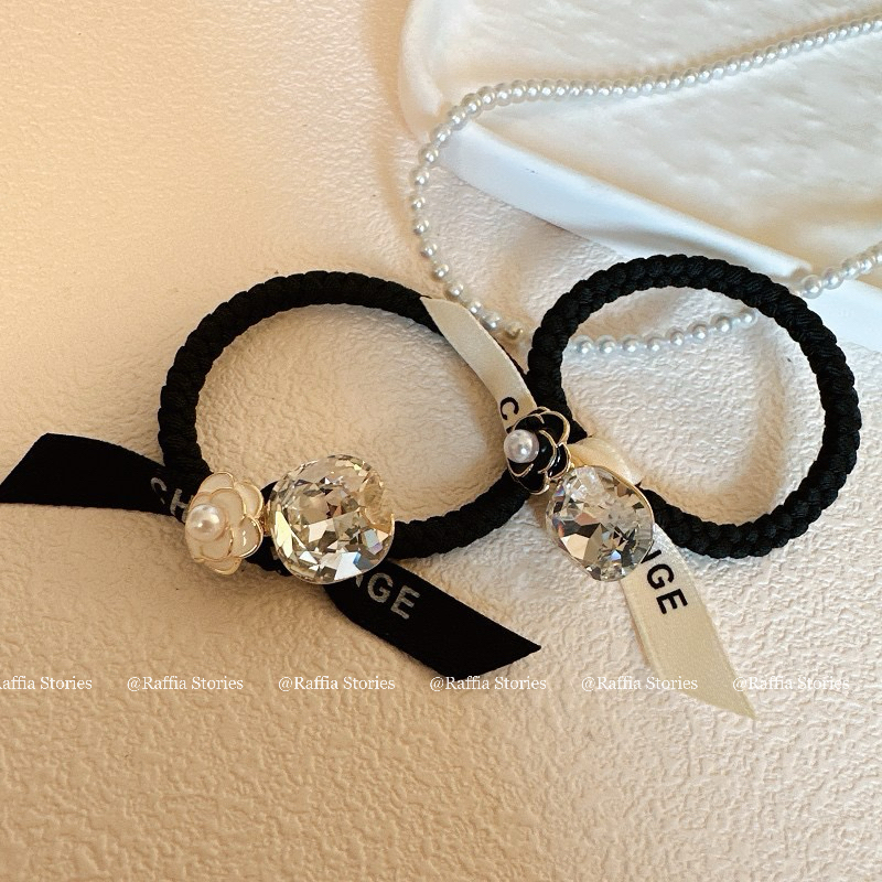 Raffia山茶花镶钻珍珠发绳发圈韩国新款小香风气质扎马尾橡皮筋