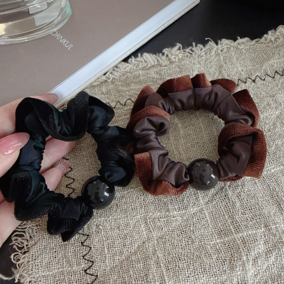Raffia棕黑色小肠发圈新款日常丝绒花边发绳气质高弹力褶皱发绳女