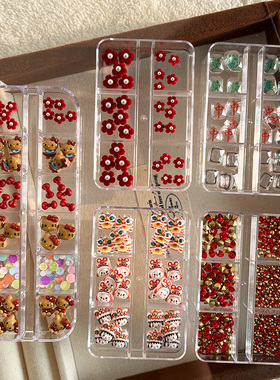 红色植绒小花可爱卡通新款kitty猫红色蝴蝶结醒狮美甲穿戴diy配饰