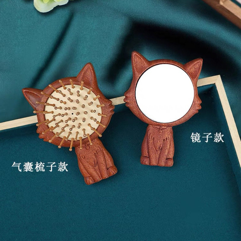 红檀香木气垫梳气囊按摩梳头皮经络梳可爱小巧化妆镜蓬松顺发梳子
