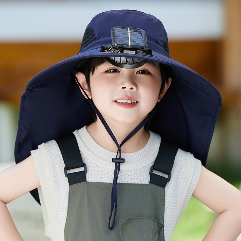 儿童太阳能风扇帽男充电风扇大风力户外防晒遮阳帽大披肩护颈护脖