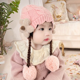 秋冬季婴儿帽子女宝宝女童帽公主花边针织毛线帽婴幼儿假发辫子帽