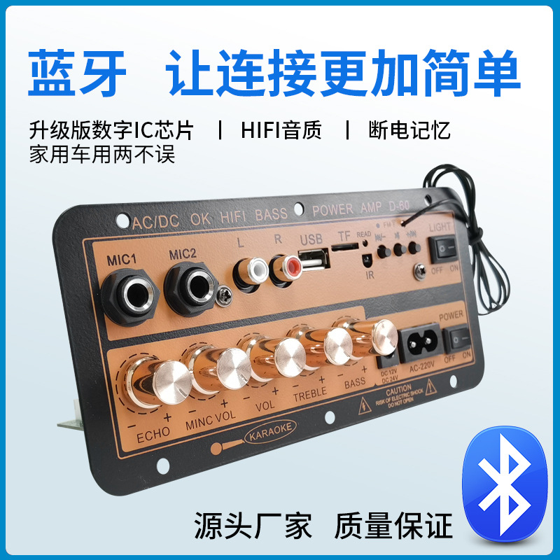 数字插卡蓝牙三用车载带混响可接麦克MIC功放板60W