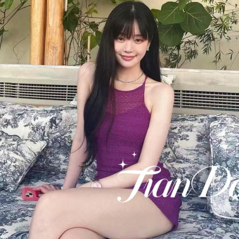 紫色针织连体裙式泳衣女纯欲高级