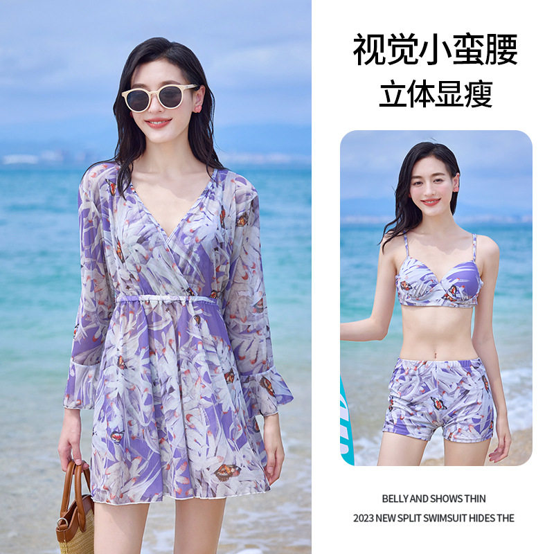 泳衣女韩国ins性感显瘦遮肚分体比基尼bikini三件套长袖泳装大码