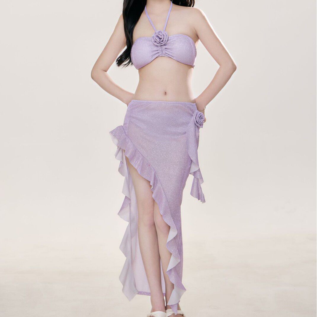 跨境Temu新款花朵抹胸游泳衣度假风性感辣妹修身闪闪面料挂脖泳衣