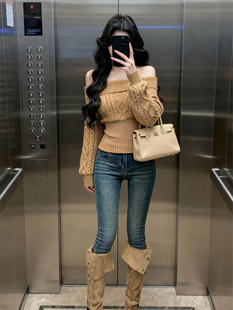 美式辣妹一字肩长袖毛衣女秋冬内搭可外穿套头针织衫修身打底上衣