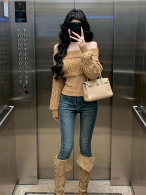 美式辣妹一字肩长袖毛衣女秋冬内搭可外穿套头针织衫修身打底上衣